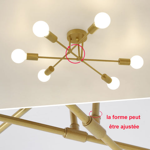Plafonnier LED Moderne, Rétro Lustre Lampe Suspension Vintage 6 Lumières E27 Base, Lustre Luminaire en Métal Lampe pour Salon Chambre Cuisine Couloir Loft salle à manger Bar Café, Or (Sans ampoules)