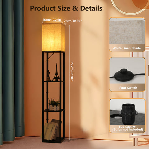 Lampadaire Minimaliste en Métal Noir avec Étagères et Abat-Jour en Lin - L26xW26xH158 cm, Interrupteur au Pied, Douille E27 (Ampoule Non Incluse), Prise Européenne