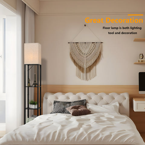 Lampadaire Minimaliste en Métal Noir avec Étagères et Abat-Jour en Lin - L26xW26xH158 cm, Interrupteur au Pied, Douille E27 (Ampoule Non Incluse), Prise Européenne