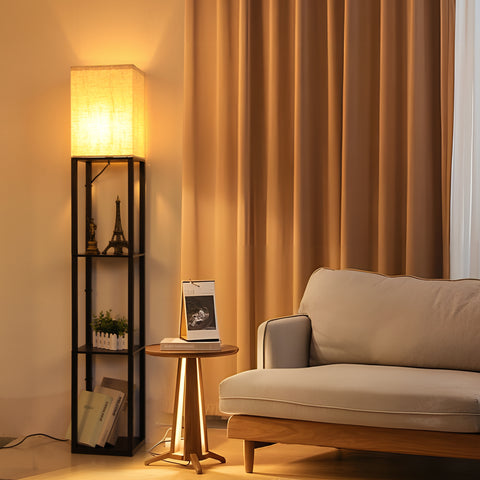 Lampadaire Minimaliste en Métal Noir avec Étagères et Abat-Jour en Lin - L26xW26xH158 cm, Interrupteur au Pied, Douille E27 (Ampoule Non Incluse), Prise Européenne