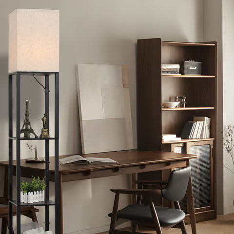 Lampadaire Minimaliste en Métal Noir avec Étagères et Abat-Jour en Lin - L26xW26xH158 cm, Interrupteur au Pied, Douille E27 (Ampoule Non Incluse), Prise Européenne
