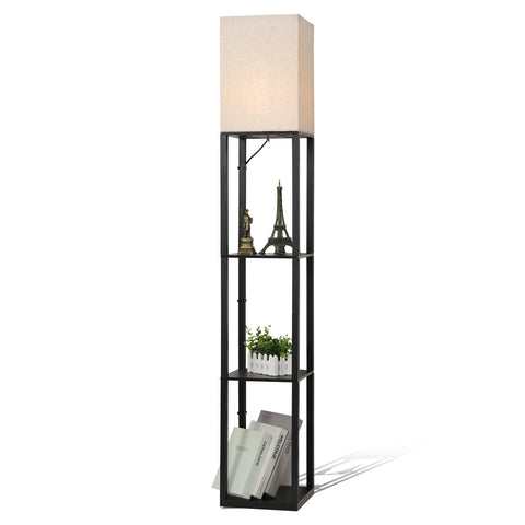 Lampadaire Minimaliste en Métal Noir avec Étagères et Abat-Jour en Lin - L26xW26xH158 cm, Interrupteur au Pied, Douille E27 (Ampoule Non Incluse), Prise Européenne