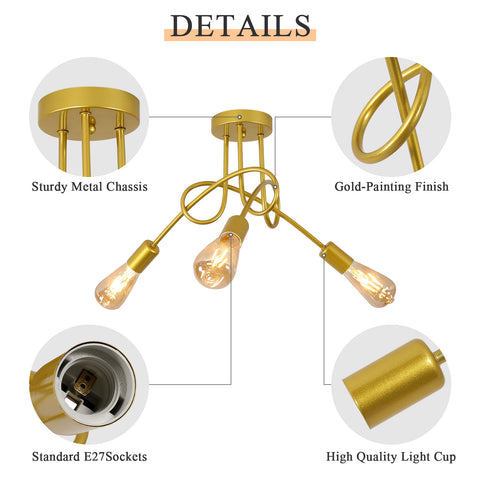 Luminaire Plafonnier Industrielle, Lampes De Suspension En Fer Vintage E27 Lustre or 3-Lumières (Ampoule Non Incluse)