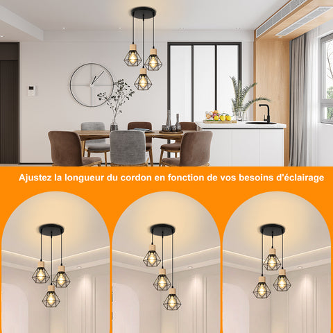 Lustre en fer industriel rétro, plafonnier à base ronde, adapté aux ampoules E27, longueur réglable, lustre en bois noir adapté à la salle à manger, au salon