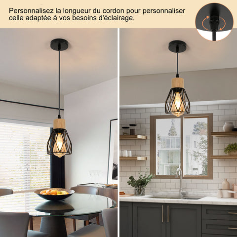Suspension Luminaire Industrielle, Luminaire Plafonnier Vintage En Bois Noir, E27 Non Incluses
