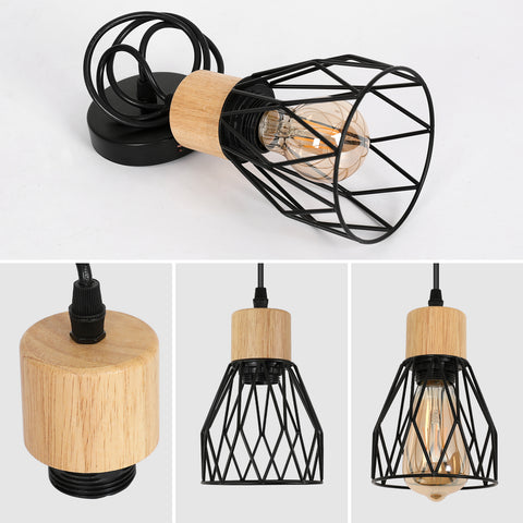Suspension Luminaire Industrielle, Luminaire Plafonnier Vintage En Bois Noir, E27 Non Incluses