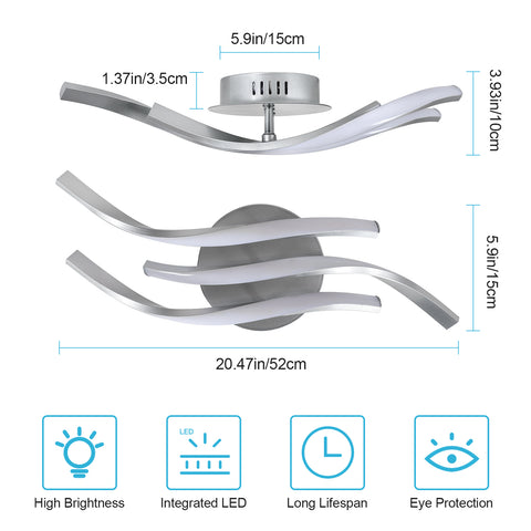 Plafonnier LED Moderne à Vagues 52cm - 3 Lampes en Aluminium Argenté, 24W, Lumière Blanche 6500K, 220V, CRI 80+, Installation Polyvalente