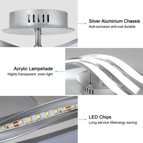 Plafonnier LED Moderne à Vagues 52cm - 3 Lampes en Aluminium Argenté, 24W, Lumière Blanche 6500K, 220V, CRI 80+, Installation Polyvalente