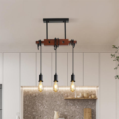 Suspension Luminaire Industrielle, Lampe de Plafond Vintage en bois, E27 Lustre Lumières avec 3 Lampe, Câble Réglable 120CM, pour Cuisine Salle à Manger Café Bar (Sans Ampoule)