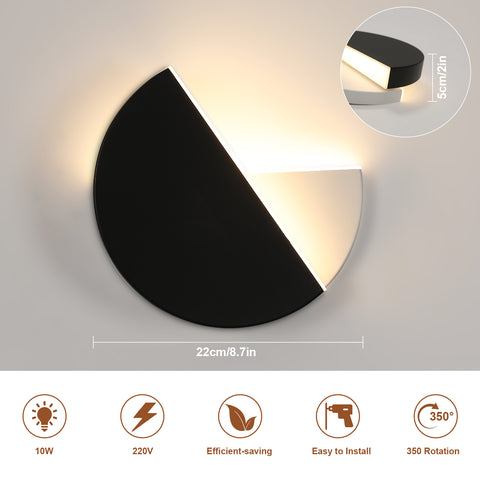 Applique murale simple et moderne à LED, Applique murale noire rotative, lumière chaude 8W