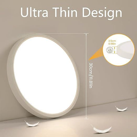 Plafonnier LED Blanc Rond, Ultra Plat, 24W Lumière Blanche Chaude 3000K, PVC, Etanche IP44 - Ø30 CM, pour Salle de Bain Chambre Balcon