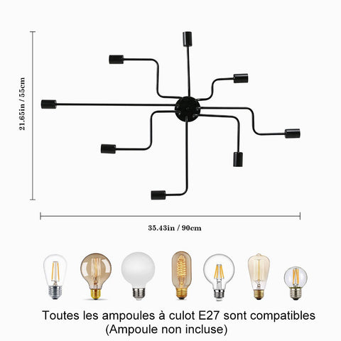 Lustre Industriel Noir E27, Plafonnier Vintage Métal à 8 Lampes, Éclairage Design pour Salon, Chambre, Cuisine, Bar, Café, Loft