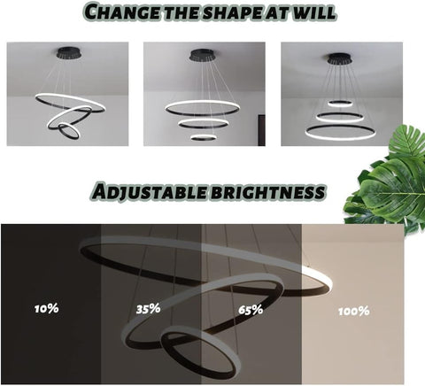 Lustre Dimmable 40W Moderne Cercle Anneaux Suspension Dimmable 3000K-6000K Pour salon chambre à coucher salle à manger bureau Noir
