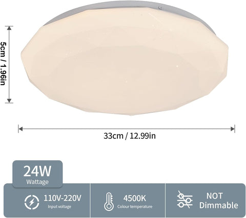 Lampe de Plafond, 24W Luminaire Plafonnier Étoile LED Blanc Neutre 4000K, Lustre LED Plafonnier Moderne Diamant pour Chambre Enfant Cuisine Couloir Coucher Salle De Bain