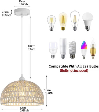 Suspension Luminaire en Rotin Moderne Lustre Abat-jour en Rotin Naturel Lampe Suspendue Hauteur Réglable E27 Suspension pour Cuisine Chambre Salon Café (Blanc)