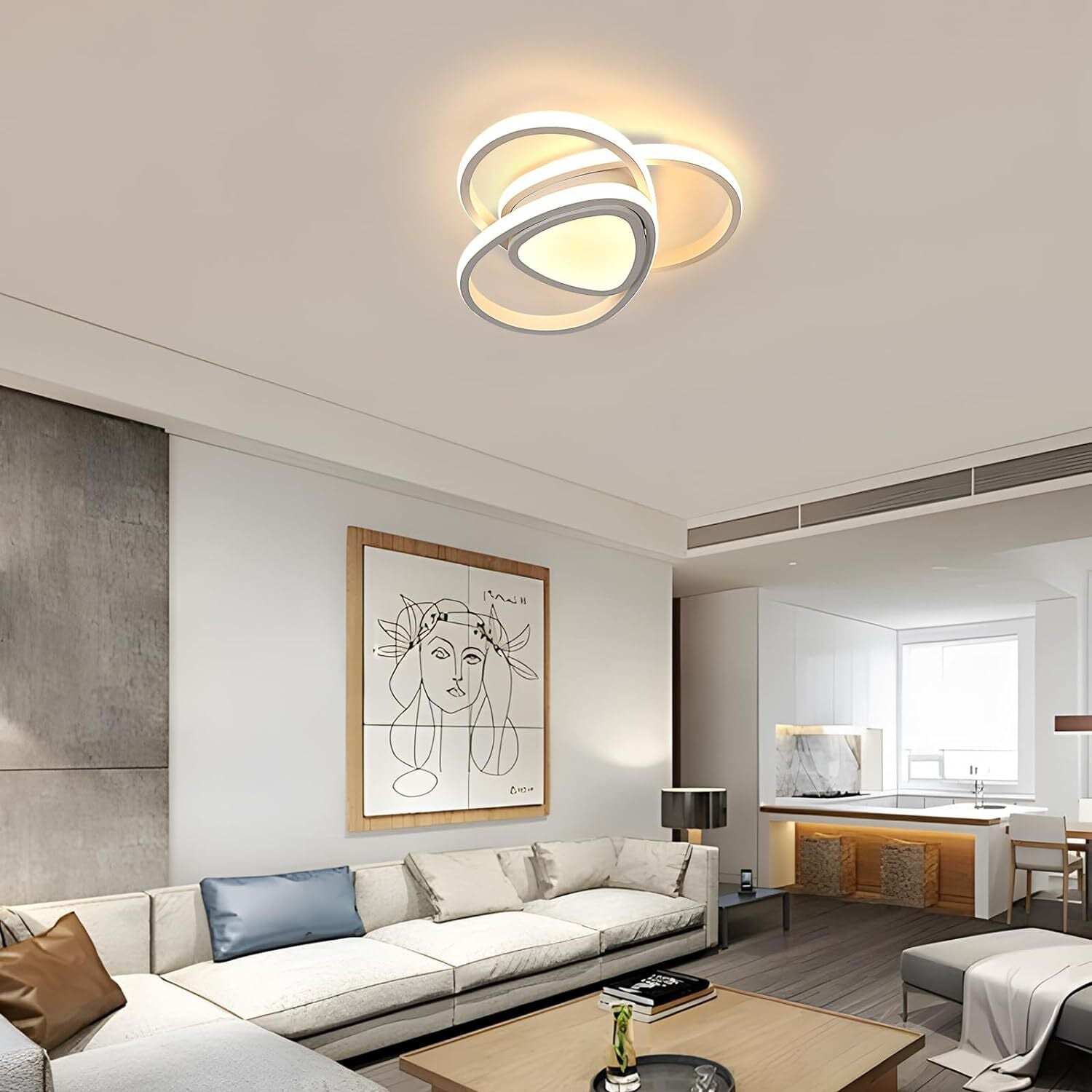 Plafonnier LED Créatif, Blanc*3 Ronds, 49W 3000K Lumière Blanche Chaude