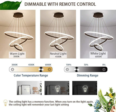 Lustre Dimmable 40W Moderne Cercle Anneaux Suspension Dimmable 3000K-6000K Pour salon chambre à coucher salle à manger bureau Noir