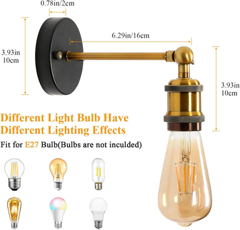 2 Pack Applique Murale E27 Vintage Industrielle, 270° Orientable Lampe Murale E27 Rétro en Métal, Or Appliques Murales Interieur pour Escalier Couloir Salon Cuisine(Ampoule non incluse）