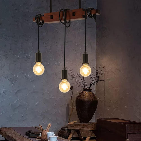 Suspension Luminaire Industrielle, Lampe de Plafond Vintage en bois, E27 Lustre Lumières avec 3 Lampe, Câble Réglable 120CM, pour Cuisine Salle à Manger Café Bar (Sans Ampoule)