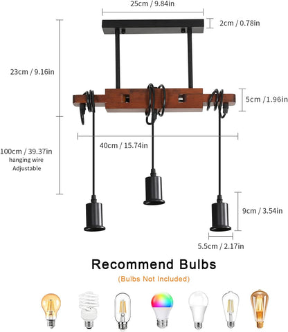 Suspension Luminaire Industrielle, Lampe de Plafond Vintage en bois, E27 Lustre Lumières avec 3 Lampe, Câble Réglable 120CM, pour Cuisine Salle à Manger Café Bar (Sans Ampoule)