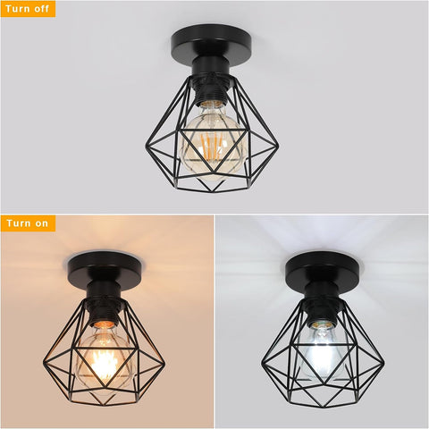Plafonnier Industriel E27, Luminaire Métal Cage Vintage, Suspension éclairage Plafond Noir pour Cuisine Chambre Salon Couloir Café Bar（2pcs）