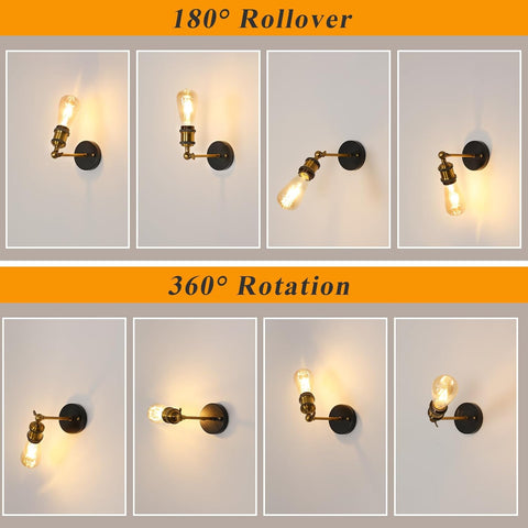 2 Pack Applique Murale E27 Vintage Industrielle, 270° Orientable Lampe Murale E27 Rétro en Métal, Or Appliques Murales Interieur pour Escalier Couloir Salon Cuisine(Ampoule non incluse）