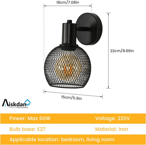 Applique Murale Intérieure en Métal, Lampe de Lecture de Chevet en Fer, Douille E27 pour Salon, Chambre, Bureau (Sans Ampoule)
