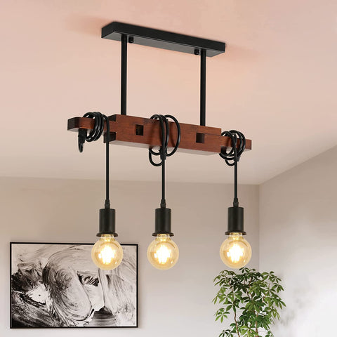 Suspension Luminaire Industrielle, Lampe de Plafond Vintage en bois, E27 Lustre Lumières avec 3 Lampe, Câble Réglable 120CM, pour Cuisine Salle à Manger Café Bar (Sans Ampoule)