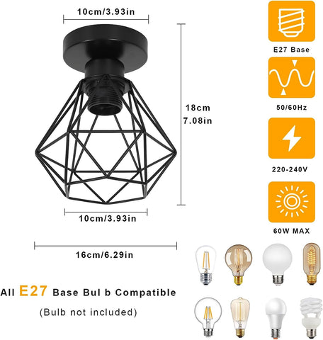 Plafonnier Industriel E27, Luminaire Métal Cage Vintage, Suspension éclairage Plafond Noir pour Cuisine Chambre Salon Couloir Café Bar（2pcs）