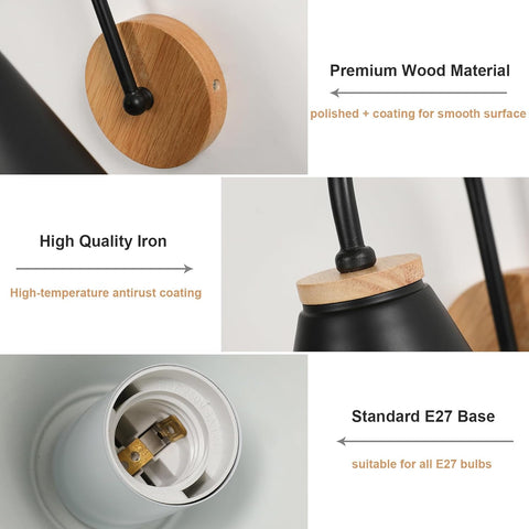 Lampe de chevet nordique en fer et bois (Noir, , Douille E27,)