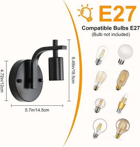 4 Packs - Applique Murale Noire en Métal - Suspension Intérieure Base E27 (sans Ampoule) - pour Chambre Entrée