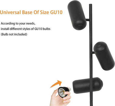 Lampadaire minimaliste en fer forgé (3 têtes Noir, câble 1,8 m) - Douilles GU10, sans ampoule