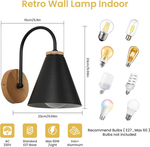 Lampe de chevet nordique en fer et bois (Noir, , Douille E27,)