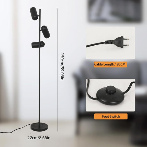 Lampadaire minimaliste en fer forgé (3 têtes Noir, câble 1,8 m) - Douilles GU10, sans ampoule