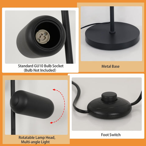 Lampadaire minimaliste en fer forgé (3 têtes Noir, câble 1,8 m) - Douilles GU10, sans ampoule