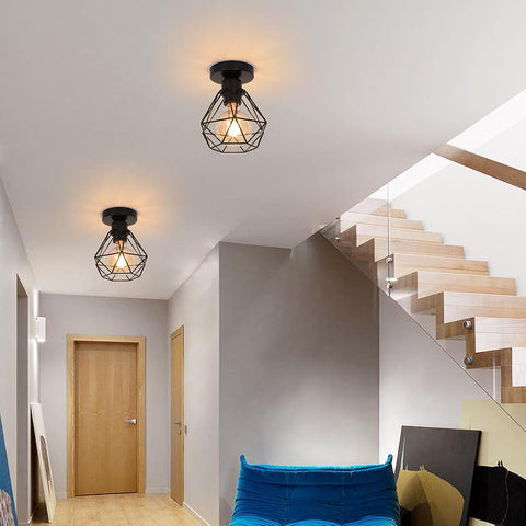 Plafonnier Industriel E27, Luminaire Métal Cage Vintage, Suspension éclairage Plafond Noir pour Cuisine Chambre Salon Couloir Café Bar（2pcs）