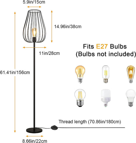 Lampadaire Vintage avec Abat-jour en Métal, Lampadaire avec Interrupteur à Pied, Lampe Salon Noir en Métal, Ddouille E27 Sans Ampoule