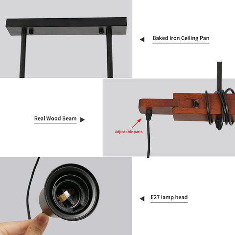 Suspension Luminaire Industrielle, Lampe de Plafond Vintage en bois, E27 Lustre Lumières avec 3 Lampe, Câble Réglable 120CM, pour Cuisine Salle à Manger Café Bar (Sans Ampoule)
