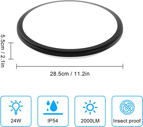 Plafonnier LED, 24W 2000LM Lumière Blanche Froide 6500K Rond Lampe de Plafond Etanche IP54, Luminaire Plafonnier LED pour Salle de Bain Salon Chambre Cuisine