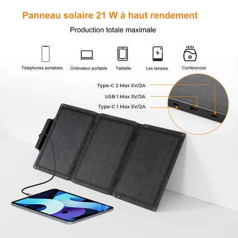 Sac pliant solaire léger silicium monocristallin noir 30% de réduction interface de sortie USB 21W
