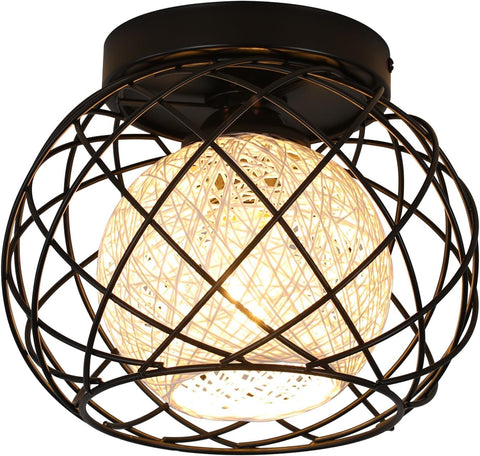 Plafonnier Vintage E27, Luminaire Plafonnier Industriel, Suspension Luminaire Cage en Métal Noir pour Salon Cuisine Chambre Café Bar