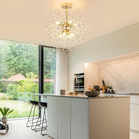 Plafonnier Moderne Lustres en Cristal, Lustre Feux d'artifice Doré, Plafonniers en Cristaux K9, 8 G9 Luminaire Lampes Dorées pour Salon, Chambre, Salle à Manger, Couloir