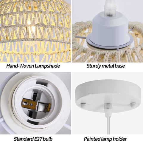 Suspension Luminaire en Rotin Moderne Lustre Abat-jour en Rotin Naturel Lampe Suspendue Hauteur Réglable E27 Suspension pour Cuisine Chambre Salon Café (Blanc)