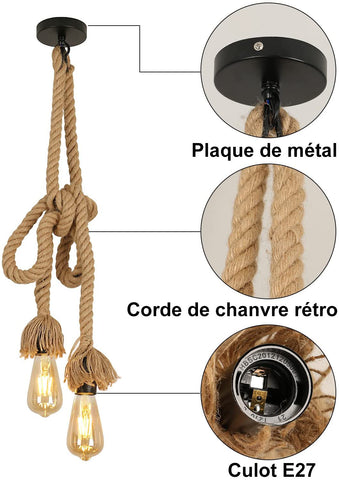 Suspension Industriel Vintage Lustre Corde 2M Réglable 2 douilles  E27 Pour salon chambre à coucher salle à manger bureau Bar Café