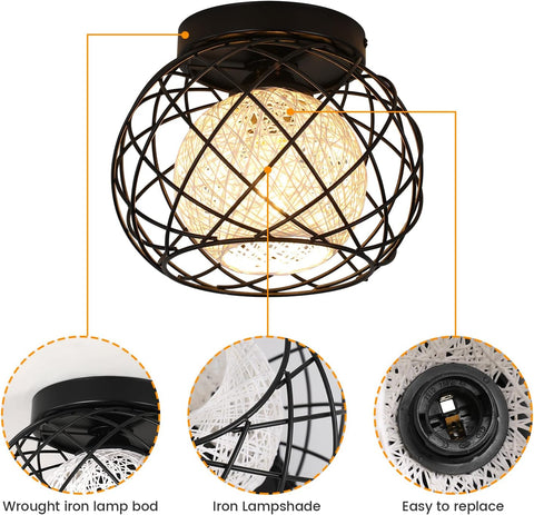 Plafonnier Vintage E27, Luminaire Plafonnier Industriel, Suspension Luminaire Cage en Métal Noir pour Salon Cuisine Chambre Café Bar