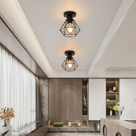 Plafonnier Industriel E27, Luminaire Métal Cage Vintage, Suspension éclairage Plafond Noir pour Cuisine Chambre Salon Couloir Café Bar（2pcs）
