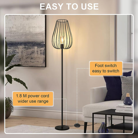 Lampadaire Vintage avec Abat-jour en Métal, Lampadaire avec Interrupteur à Pied, Lampe Salon Noir en Métal, Ddouille E27 Sans Ampoule