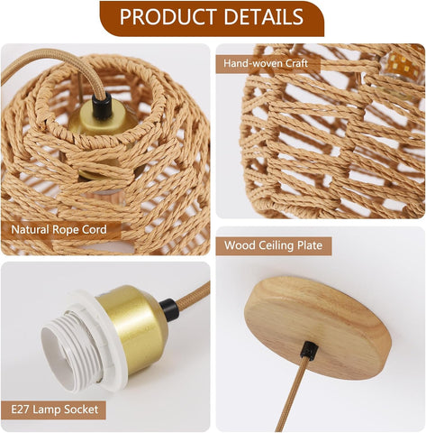 Lustre Tissé à la Main Vintage Suspension Luminaire en Rotin, Abat-Jour Panier Rétro Boho, E27 Plafonnier pour Salon, Chambre - 120cm Ligne