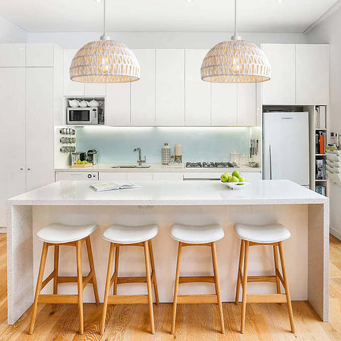 Suspension Luminaire en Rotin Moderne Lustre Abat-jour en Rotin Naturel Lampe Suspendue Hauteur Réglable E27 Suspension pour Cuisine Chambre Salon Café (Blanc)