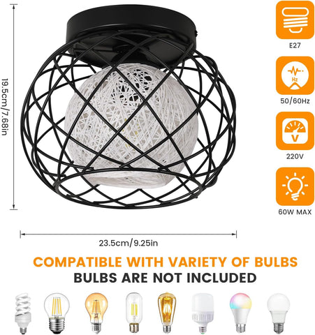 Plafonnier Vintage E27, Luminaire Plafonnier Industriel, Suspension Luminaire Cage en Métal Noir pour Salon Cuisine Chambre Café Bar